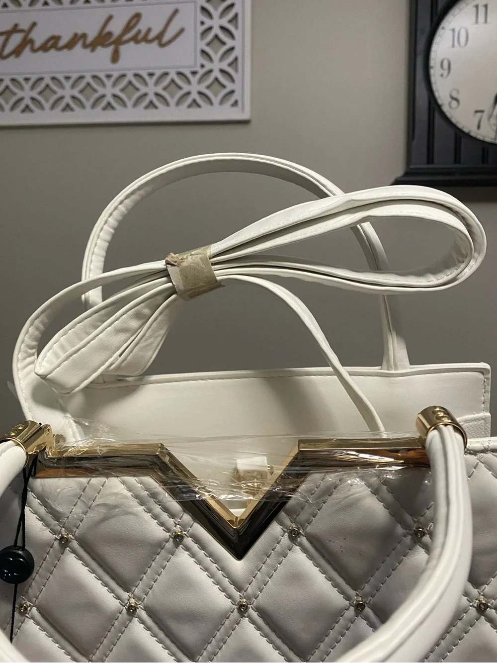 White Quilted Top-Handle Women's Handbag with Gold Accent